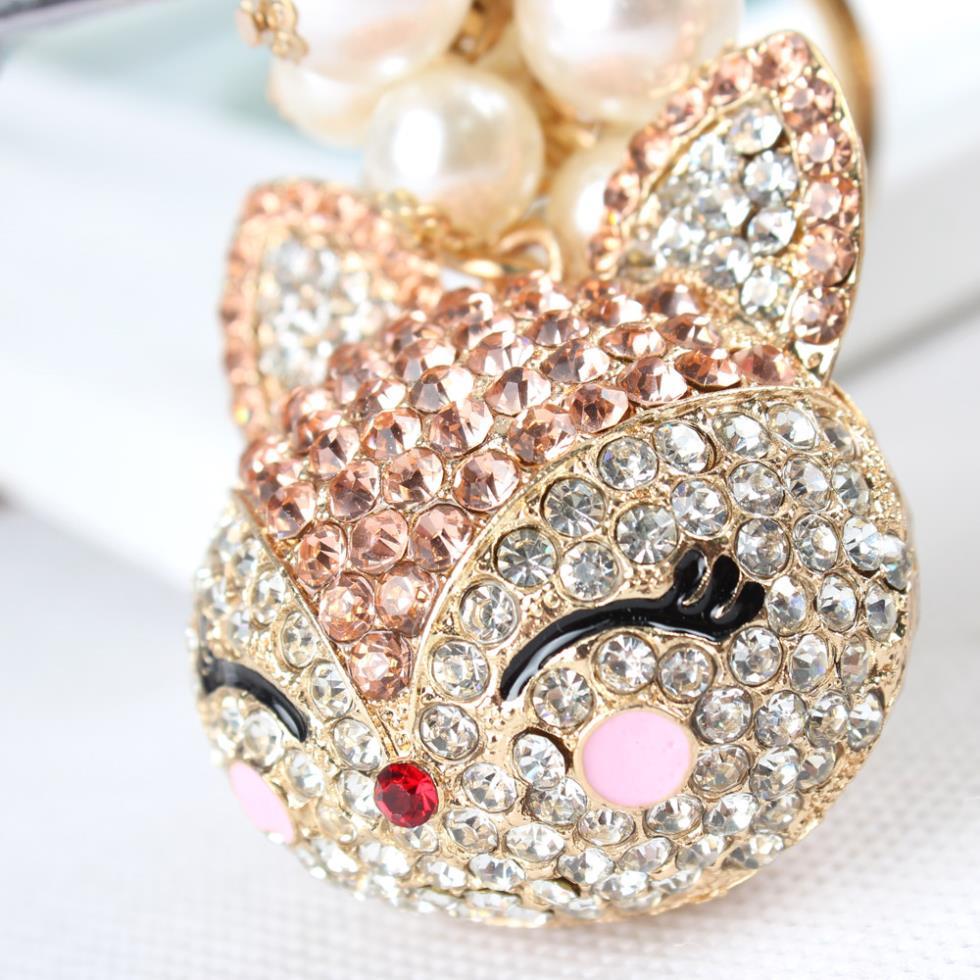 Cat Gold Beads Head Rhinestone Crystal Charm Pendant Bag Key Ring Chain - SolaceConnect.com