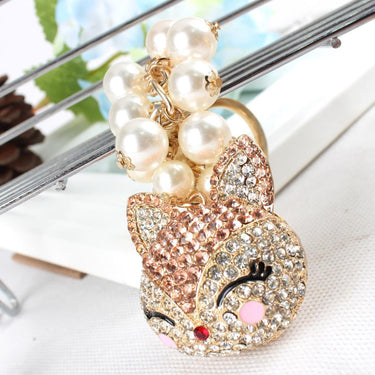 Cat Gold Beads Head Rhinestone Crystal Charm Pendant Bag Key Ring Chain - SolaceConnect.com