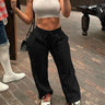 Causal Women Baggy Pants Sporty Solid Simple Patchwork Stripe Straight Trousers Wild Streetwear Lace Up Loose Bottoms  -  GeraldBlack.com