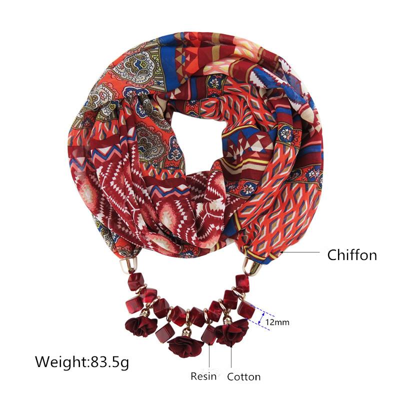 Chiffon Geometric Beaded Flowers Pattern Printed Statement Scarf Necklaces - SolaceConnect.com