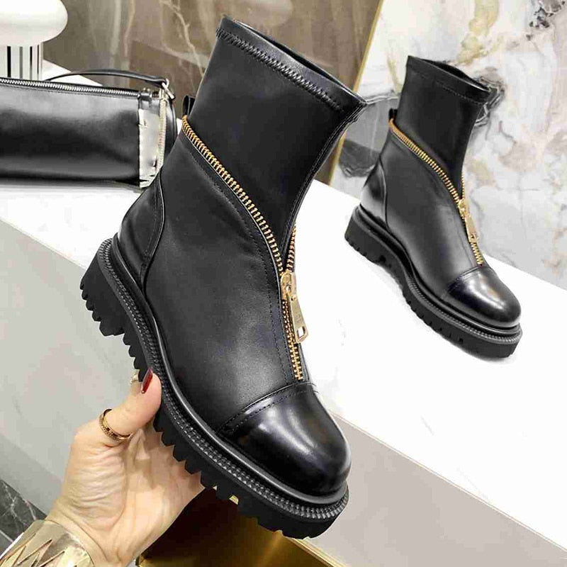 Chunky Heel Chelsea Boots Women Zipper Ladies Black Shoes Slip On Ankle Boots Round Toe Botines Mujer Platform Chaussures Femme  -  GeraldBlack.com