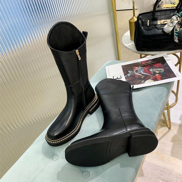 Classic Black Women Genuine Leather Slip On Botas Mujer Casual Round Toe Boots Low Heel Shoes  -  GeraldBlack.com