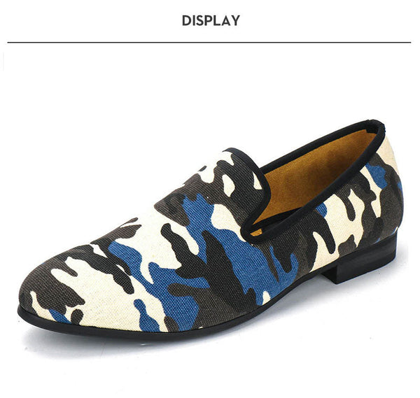 Classic Camouflage Men Smoking Handmade Mix Color Canvas Loafers Shoes  -  GeraldBlack.com