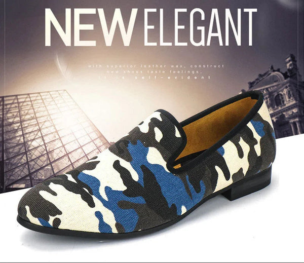 Classic Camouflage Men Smoking Handmade Mix Color Canvas Loafers Shoes  -  GeraldBlack.com