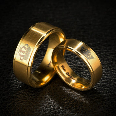 Classic Electroplated Stainless Steel King Queen Pattern Couple Wedding Ring - SolaceConnect.com