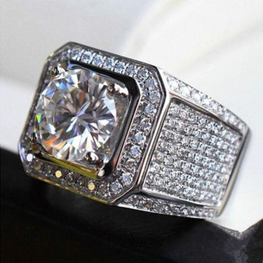 Classic Male Shiny Silver Color Crystal Zircon Wide Square Wedding Ring - SolaceConnect.com
