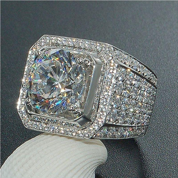 Classic Male Shiny Silver Color Crystal Zircon Wide Square Wedding Ring - SolaceConnect.com