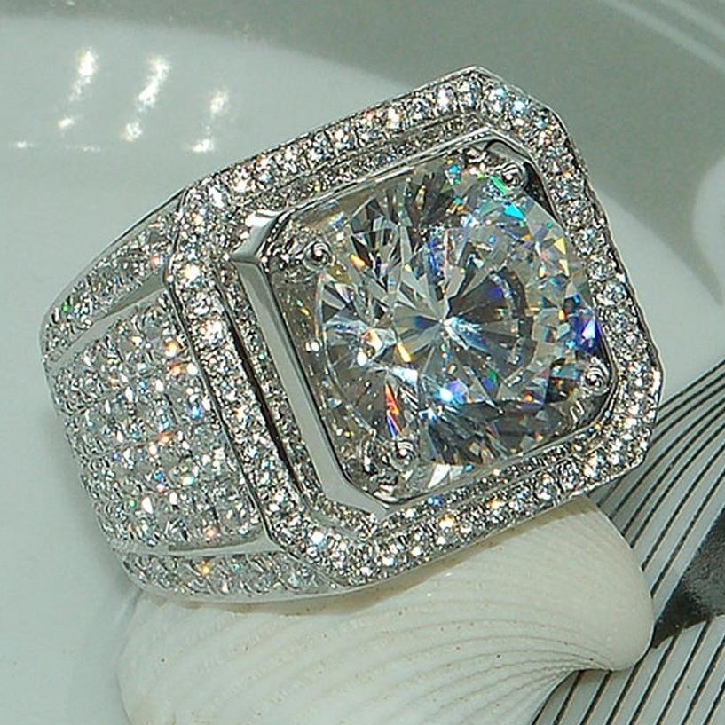 Classic Male Shiny Silver Color Crystal Zircon Wide Square Wedding Ring  -  GeraldBlack.com