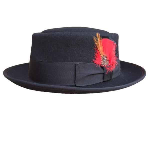 Classic Round Top Wool Felt Black Fedora Hat with Feather Decoration  -  GeraldBlack.com