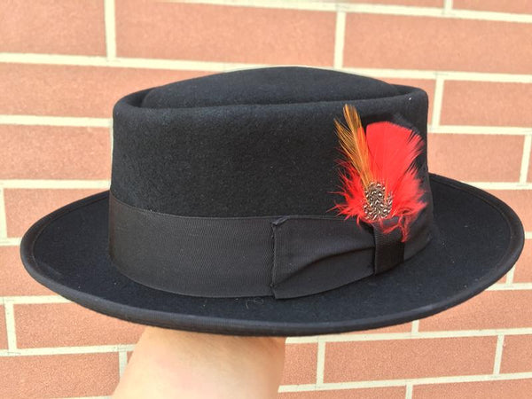 Classic Round Top Wool Felt Black Fedora Hat with Feather Decoration - SolaceConnect.com