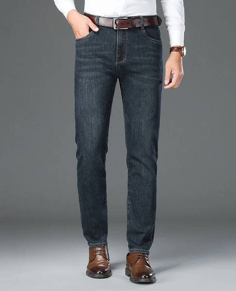Classic Style Men's Business Stretch Regular Fit Jeans Autumn Sheep Wool Fabric Grey Blue Denim  -  GeraldBlack.com