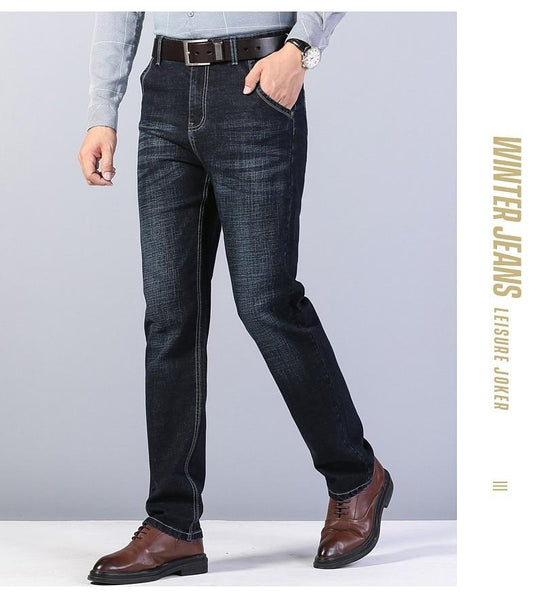 Classic Style Men Jeans Business Casual Straight Stretch Slim Denim Pants Light Blue Black - SolaceConnect.com