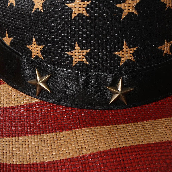 Classical Western Cowboy Hats Men Outdoor Boater Straw Sunhat Striped Star Summer Wide Brim Cowgirl  -  GeraldBlack.com