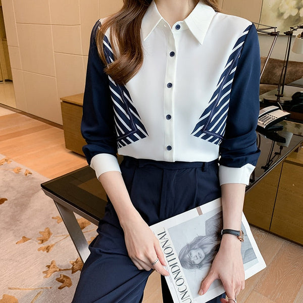 Color Matching Shirt Women's Blouses Vintage Work Casual Tops Chiffon Blouse Long Sleeve Loose Business Shirts  -  GeraldBlack.com