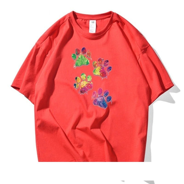 Colorful Dog Footprints Casual Men Women 100% Cotton T-shirt Tshirt Chic Girl Summer Short Sleeve  -  GeraldBlack.com