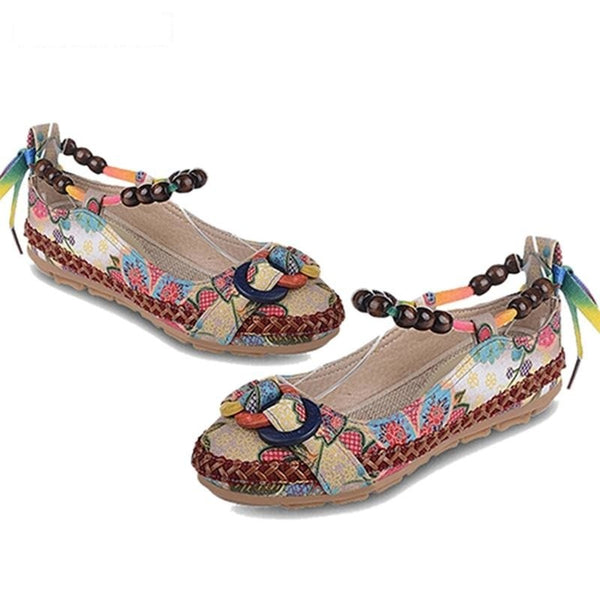 Comfortable Colorful Ethnic Lace Up Beaded Round Toe Flats Loafers - SolaceConnect.com