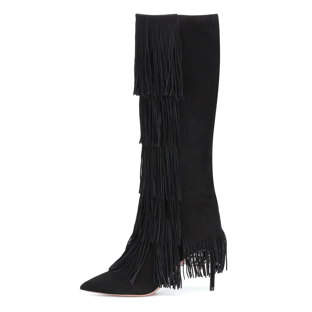 Women's Sexy Solid Fringe Slip-on Stiletto Knee-High Heel Boot Shoes 1 Women's Sexy Solid Fringe Slip-on Stiletto Knee-High Heel Boot Shoes