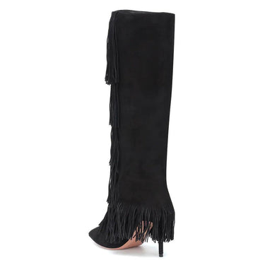 Concise Fringe High Heels Sexy Knee-high Stiletto Boots Slip-on Solid Women Shoes Big Size 46 Botines Pointed Toe Zapatos Mujer  -  GeraldBlack.com