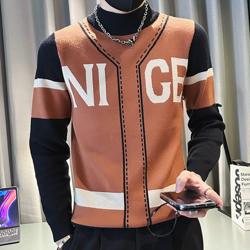 Contrast Geometry Striped Print Knitted Men Pull O Neck Pullover Korean Sweater Color Fall Winter Sweater  -  GeraldBlack.com