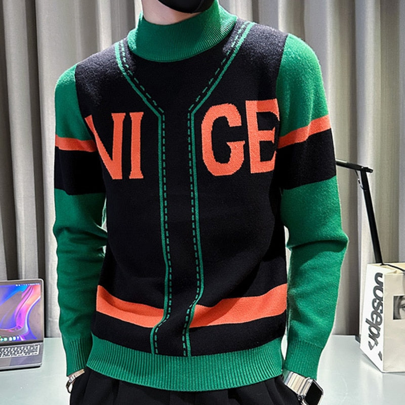 Contrast Geometry Striped Print Knitted Men Pull O Neck Pullover Korean Sweater Color Fall Winter Sweater  -  GeraldBlack.com