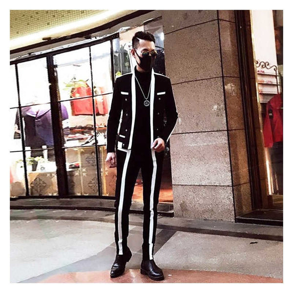 Contrast Stripe Black White Suit Male Wedding Groom Suit Autumn Winter Disguised Men Slim Fit Stage Outfit Party Suit  -  GeraldBlack.com
