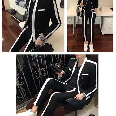 Contrast Stripe Black White Suit Male Wedding Groom Suit Autumn Winter Disguised Men Slim Fit Stage Outfit Party Suit  -  GeraldBlack.com