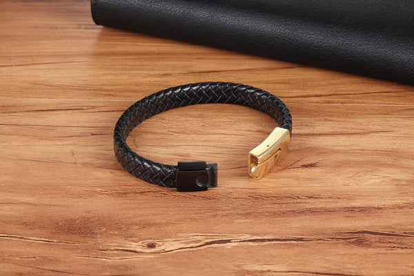 Cool Punk Stainless Steel Magnetic Button Genuine Leather Bracelet for Men - SolaceConnect.com