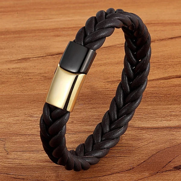 Cool Punk Stainless Steel Magnetic Button Genuine Leather Bracelet for Men - SolaceConnect.com