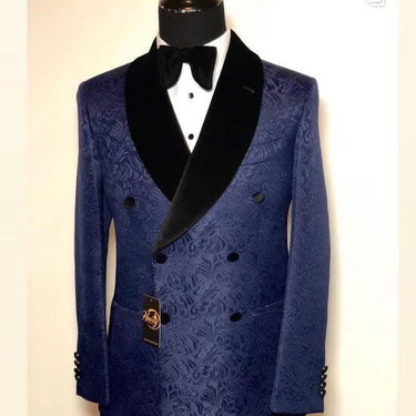 Costume Homme Navy Blue Floral Blazer Men Suits Black Velvet Lapel Double Breasted Prom Wedding  -  GeraldBlack.com