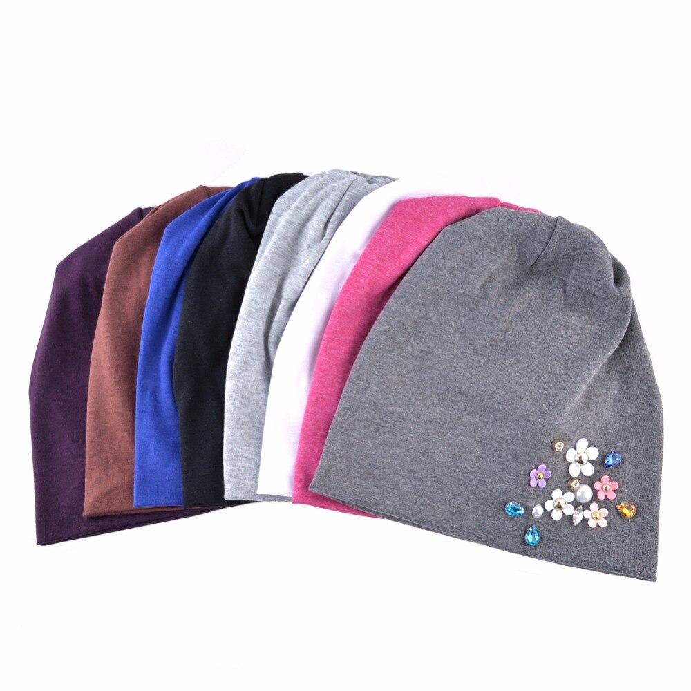 Cotton Beanies Rhinestone Flower Caps for Women  -  GeraldBlack.com