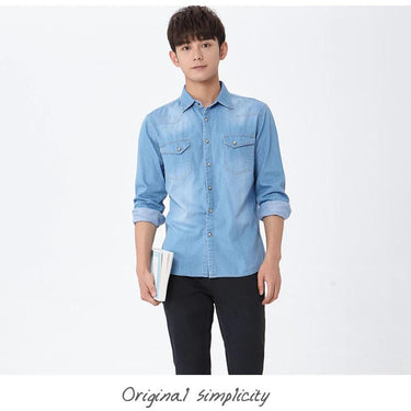 Cotton Denim Long Sleeve Slim Fit Elastic Men’s Shirt with Two Pockets - SolaceConnect.com