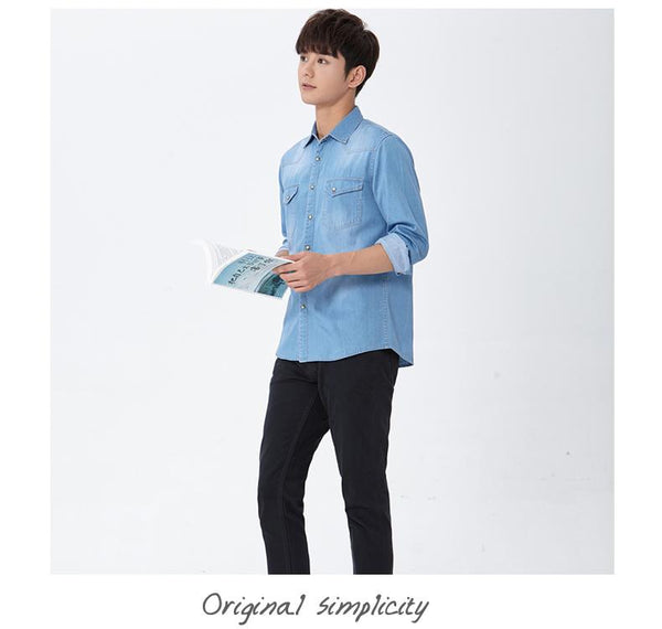 Cotton Denim Long Sleeve Slim Fit Elastic Men’s Shirt with Two Pockets - SolaceConnect.com