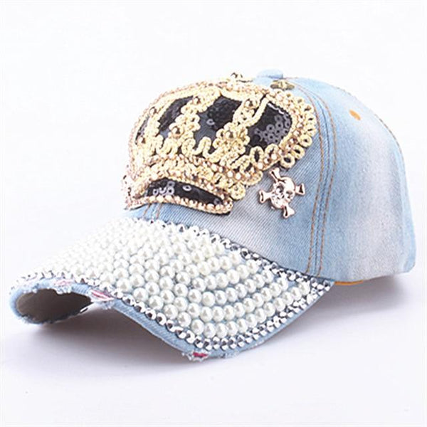 Cotton Snapback Denim Crown Sun Pearl Baseball Hats for Unisex - SolaceConnect.com