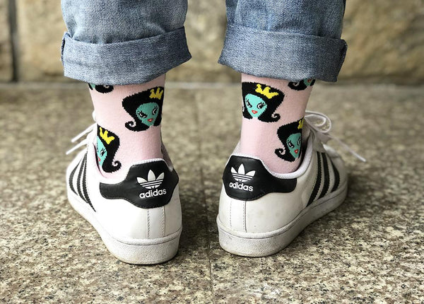 Cotton Women's Crew Socks with Alien Cat Skull Elephant Funny Prints - SolaceConnect.com
