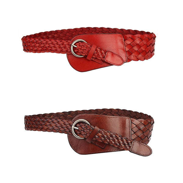 Cow Skin Leather Braided Patchwork Luxury Casual Wide Belt for Women  -  GeraldBlack.com