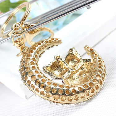 Crescent Moon with Lover Cat Charm Rhinestone Crystal Key Chain for Purse - SolaceConnect.com