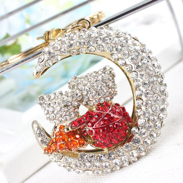 Crescent Moon with Lover Cat Charm Rhinestone Crystal Key Chain for Purse  -  GeraldBlack.com