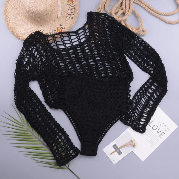 Crochet See-Through Crop Top and High-Waist Bikini Set Beachwear  -  GeraldBlack.com