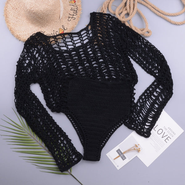 Crochet See-Through Crop Top and High-Waist Bikini Set Beachwear  -  GeraldBlack.com