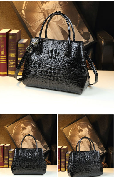 Crocodile Pattern Women Genuine Leather Large Capacity Boston Bag Middle Aged Mom Shoulder Handbag  -  GeraldBlack.com