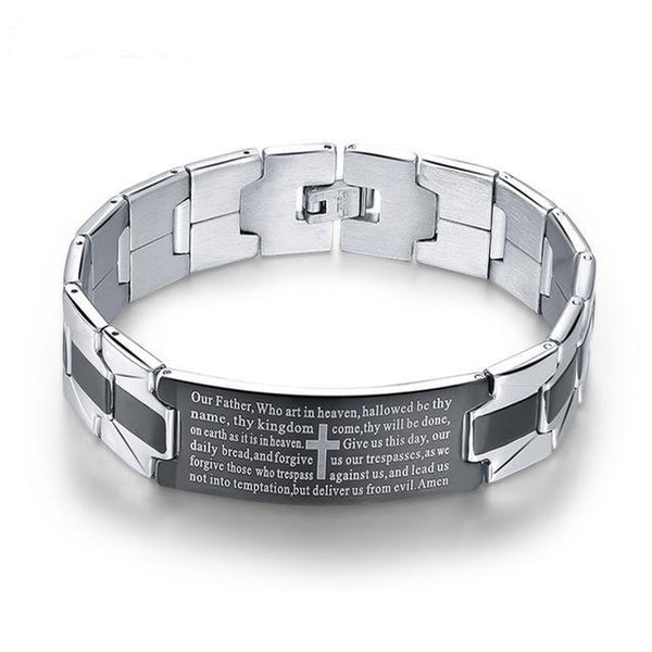Cross Pattern Stainless Steel Scripture Religious Bracelet in Black Color - SolaceConnect.com