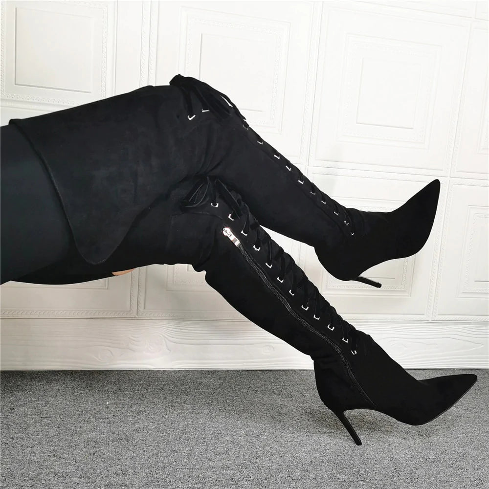 Cross-tied Stiletto Botines Sexy Stretch Over-the-knee Boots Side Zipper Botas Large Size 46 Women Shoes Pointed Toe High Heels  -  GeraldBlack.com
