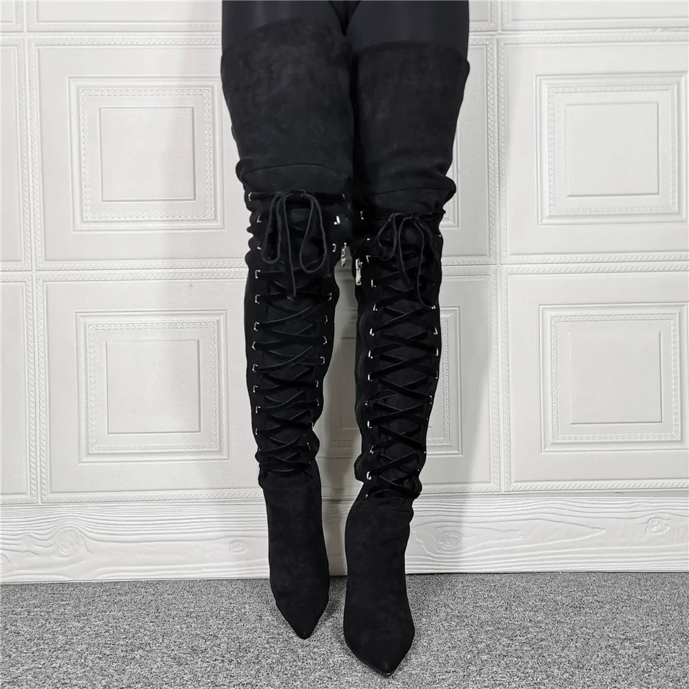 Women's Sexy Cross-tied Stiletto Side Zipper Over-the-knee Stretch Boots 1 Women's Sexy Cross-tied Stiletto Side Zipper Over-the-knee Stretch Boots