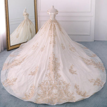 Crystal Beaded Off Shoulder A-Line Wedding Dresses with Lace Appliques  -  GeraldBlack.com