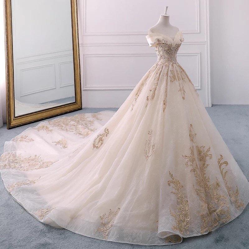 Crystal Beaded Off Shoulder A-Line Wedding Dresses with Lace Appliques  -  GeraldBlack.com