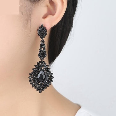 Crystal Teardrop Long Black Chandelier Hanging Vintage Bridal Earrings - SolaceConnect.com