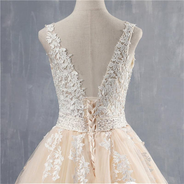 Custom Made Plus Size White Ivory Tulle Deep V Neck Open Back Wedding Dress - SolaceConnect.com