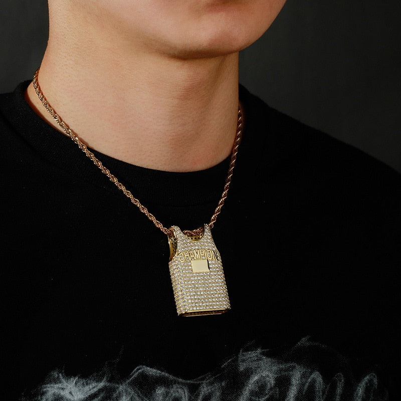 Customizable Name Free Hip Hop 3A+ CZ Stone Paved Bling Iced Out Champion Jersey Pendants Necklace for Men Rapper Jewelry  -  GeraldBlack.com