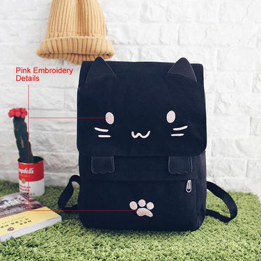 Cute Cat Cartoon Embroidery Canvas School Backpack for Teenage Girls - SolaceConnect.com