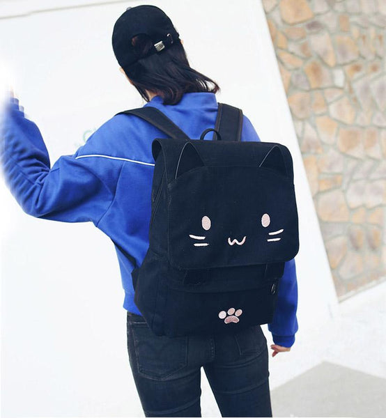 Cute Cat Cartoon Embroidery Canvas School Backpack for Teenage Girls - SolaceConnect.com
